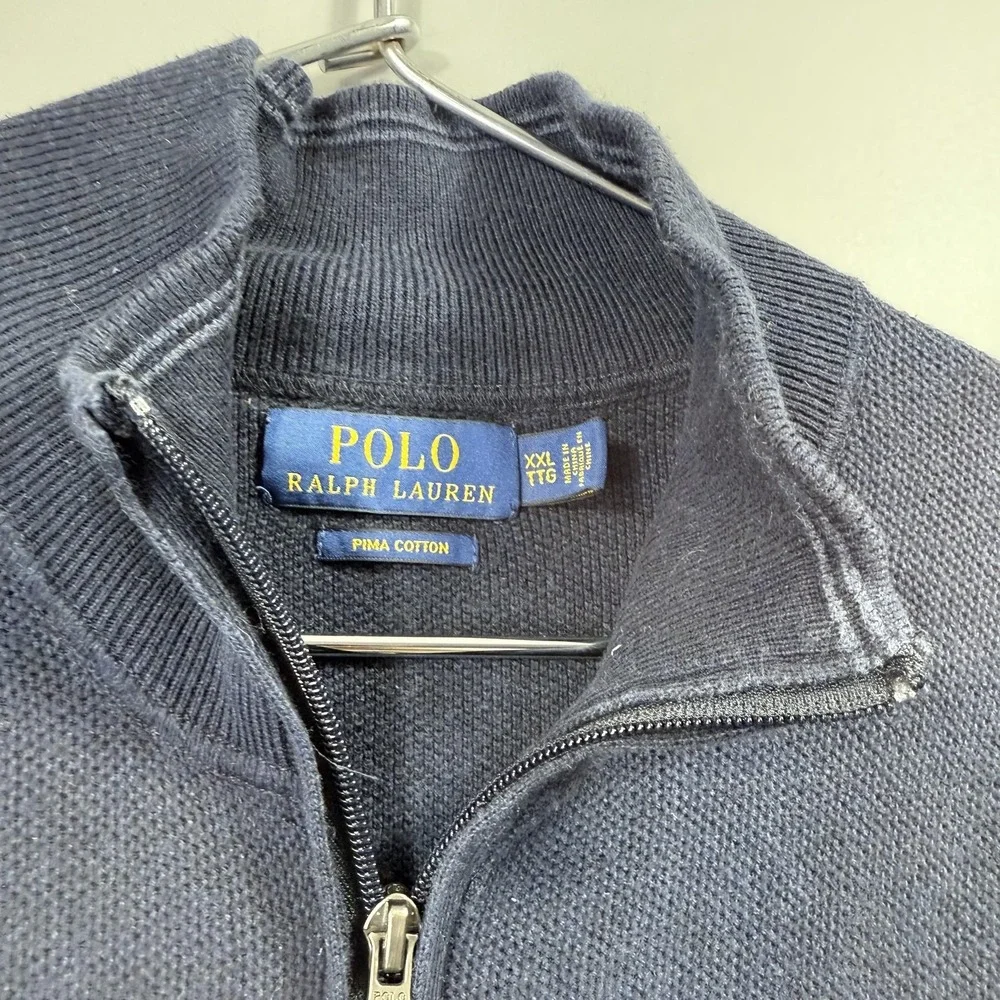 Polo Ralph Lauren Sweater Vest Mens 2XL Blue Full Zip Mock Neck Pima Cotton Logo
